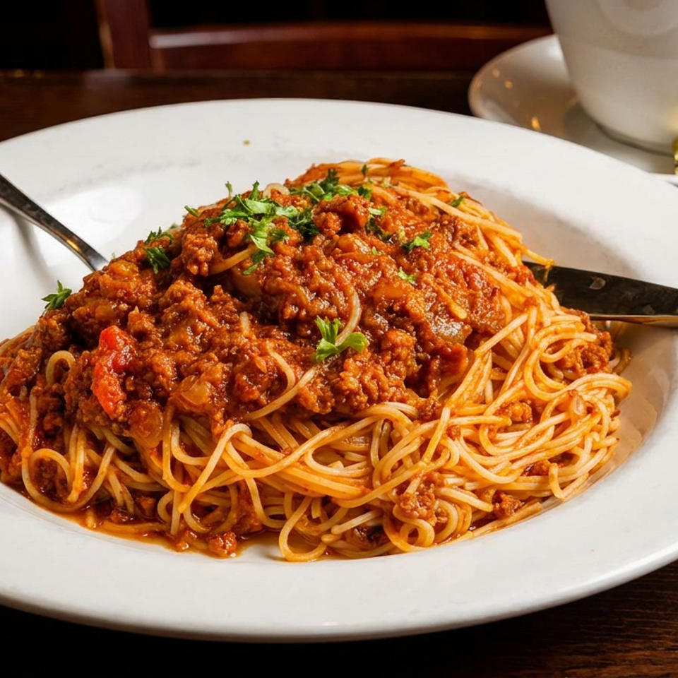A white plate of spaghetti bolognese with a fork and knife on a wooden table.