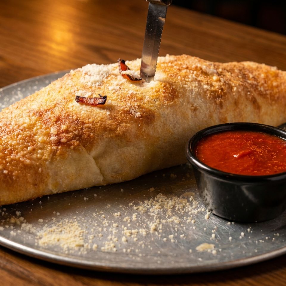 Golden-brown calzone with a knife, bacon bits, and parmesan, served with marinara sauce on a metal plate.
