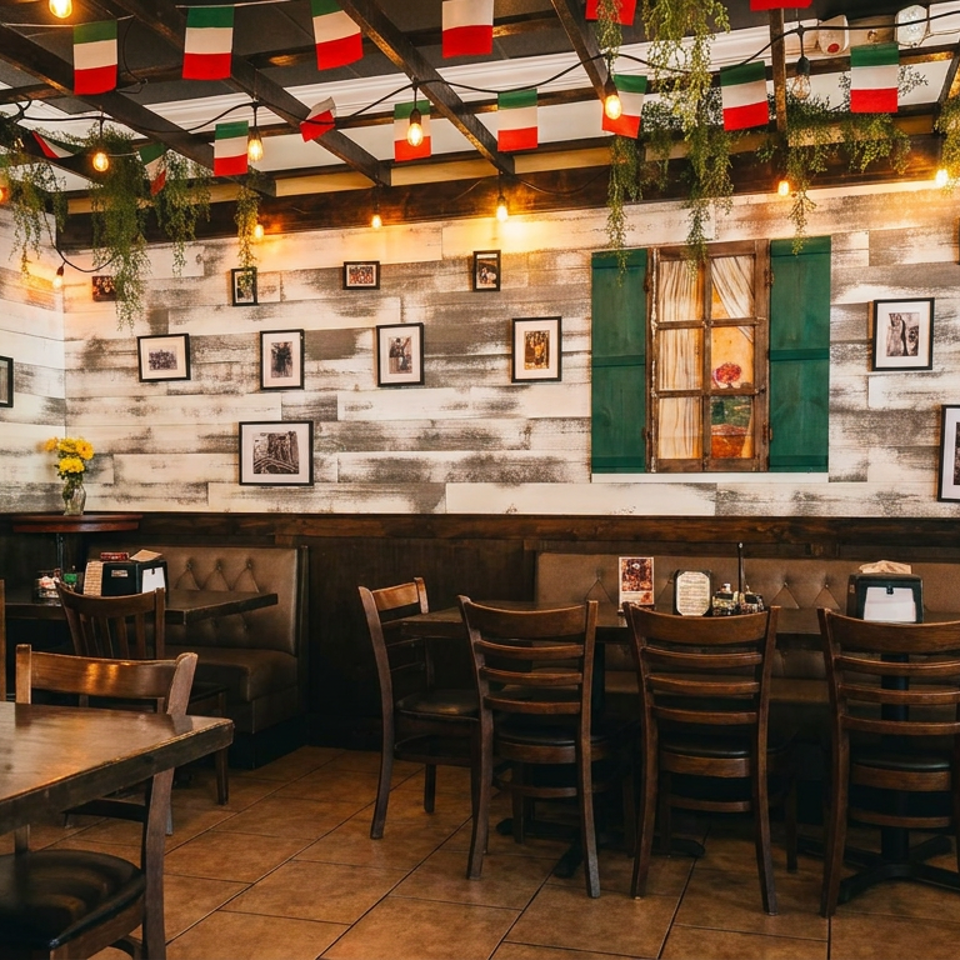 Cozy Italian restaurant interior with wooden tables, booths, string lights, and Italian flags.