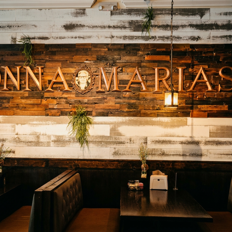 The Nonna Maria's sign on a rustic wooden wall above dark restaurant booths and tables.