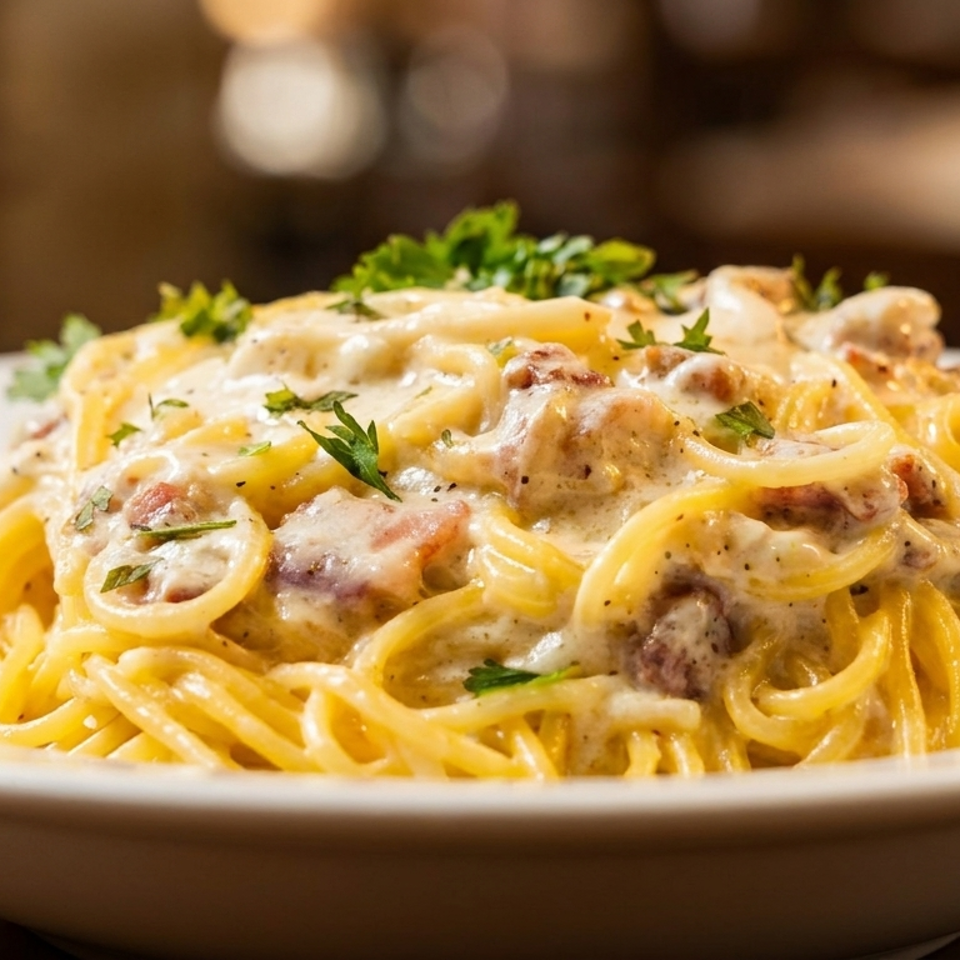 Close-up of spaghetti carbonara with creamy sauce, bacon, and parsley in a white bowl.