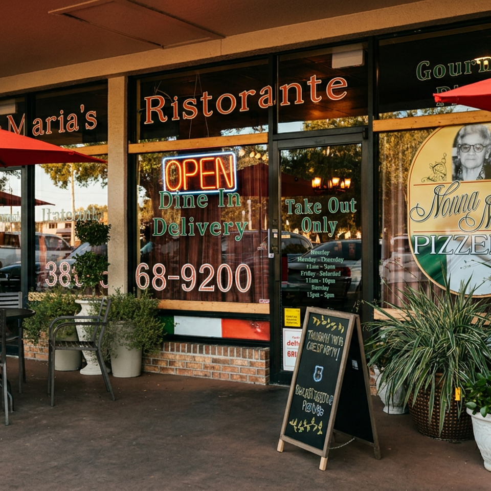 The storefront of Nonna Maria's Ristorante and Pizzeria with outdoor seating and red umbrellas.