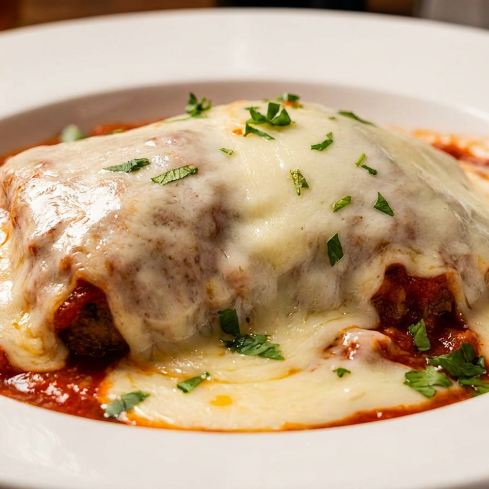 Chicken parmesan with melted mozzarella cheese, marinara sauce, and fresh parsley in a white bowl.
