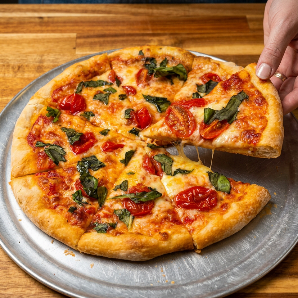 Tomato and basil pizza with a lifted slice.