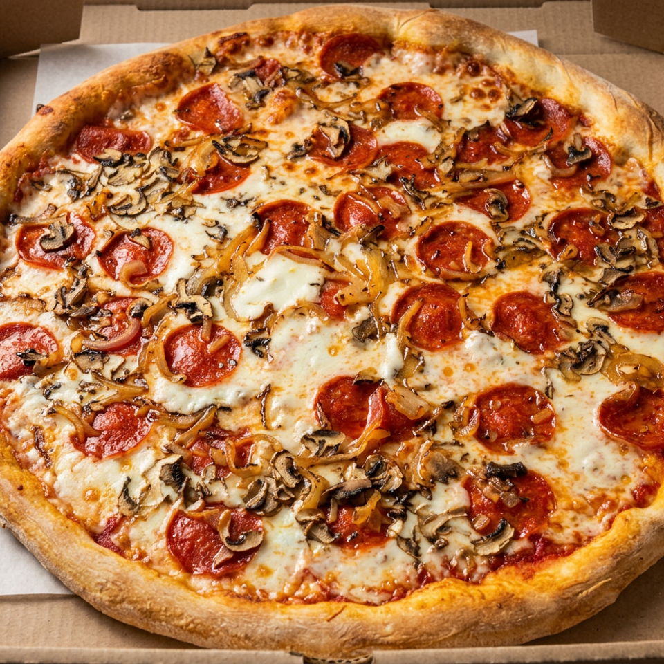 Pepperoni and mushroom pizza with melted cheese and golden crust.