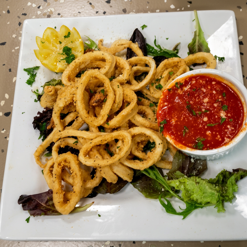 Crispy calamari served with marinara sauce, lemon, and greens on a white plate.