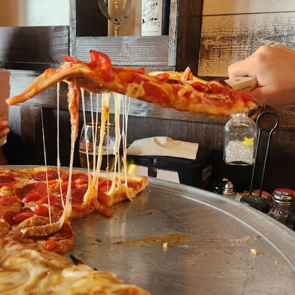 Lifted pepperoni pizza slice with a long cheese pull.