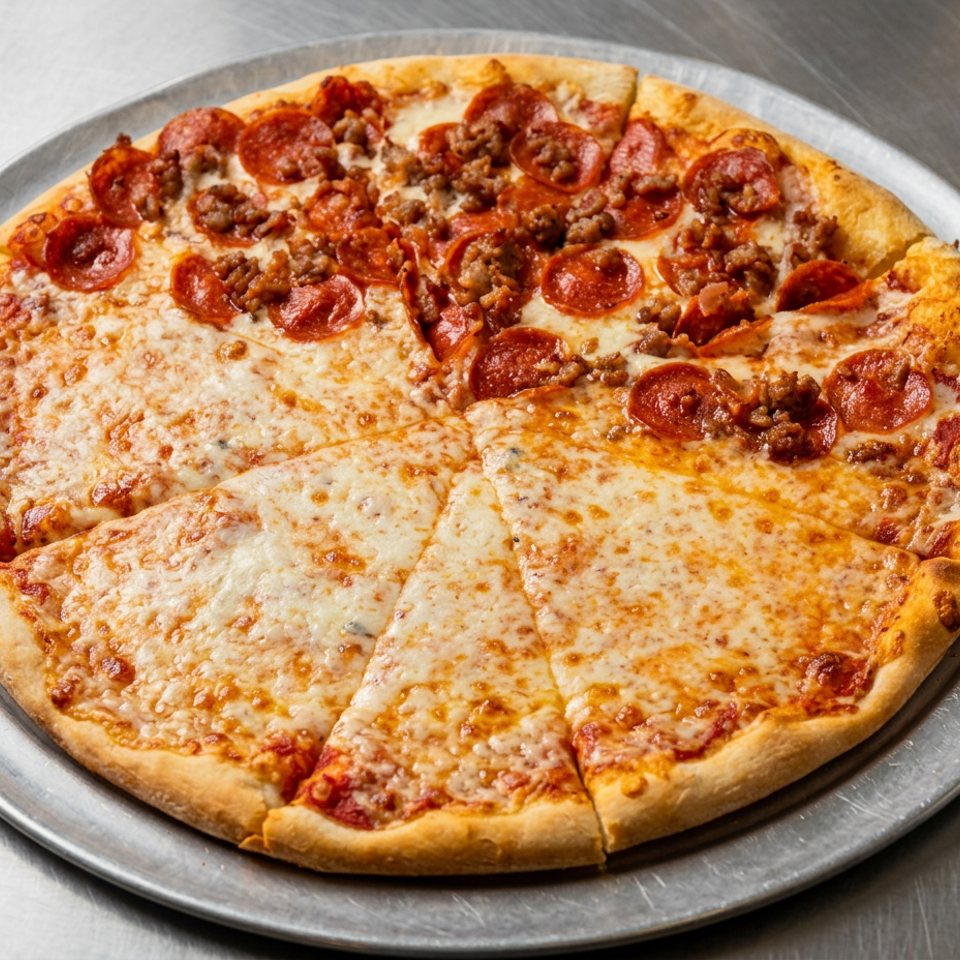 Half pepperoni and half cheese pizza.